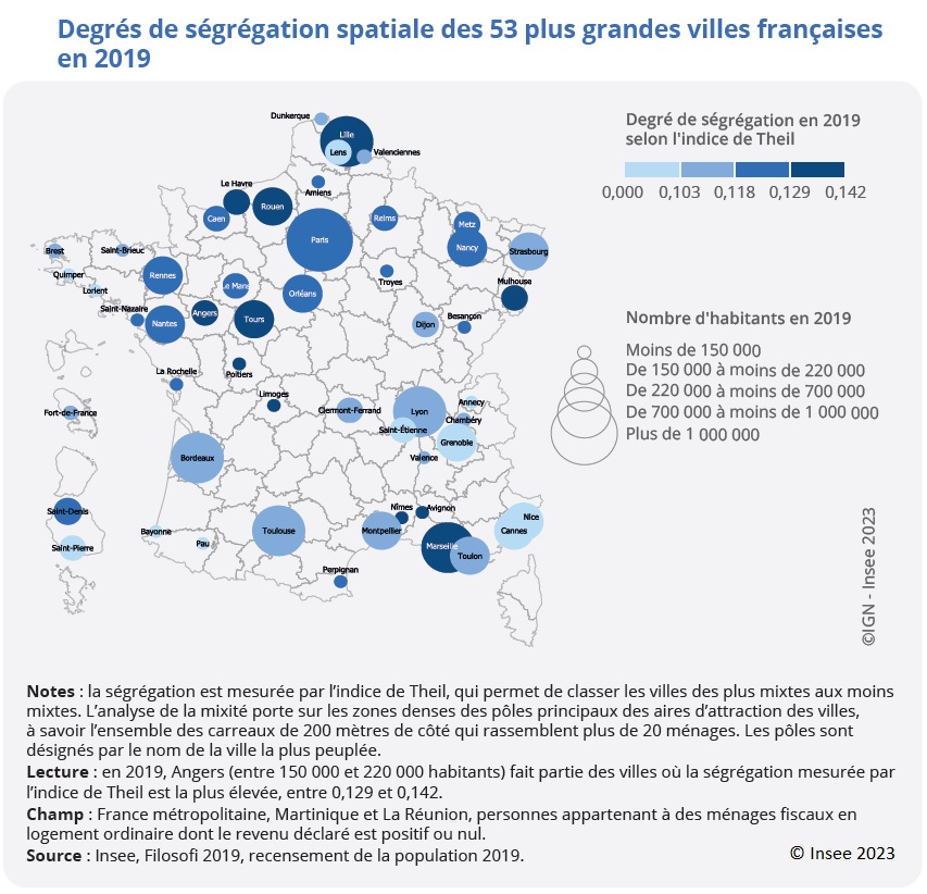 Carte : Degré de ségrégagtion spatiale des 53 plus grandes villes françaises en 2019