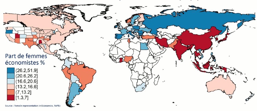 carte mondiale du % de femmes économistes par pays