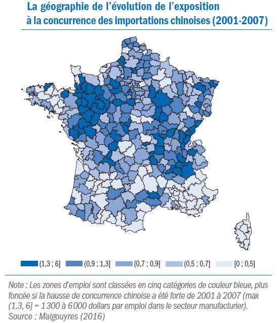 carte France géographie de l’évolution de l'exposition à la concurrence des importations chinoises (2001-2007)