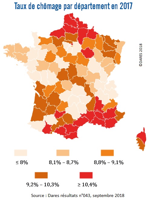 Carte : Taux de chômage par département en France en 2017