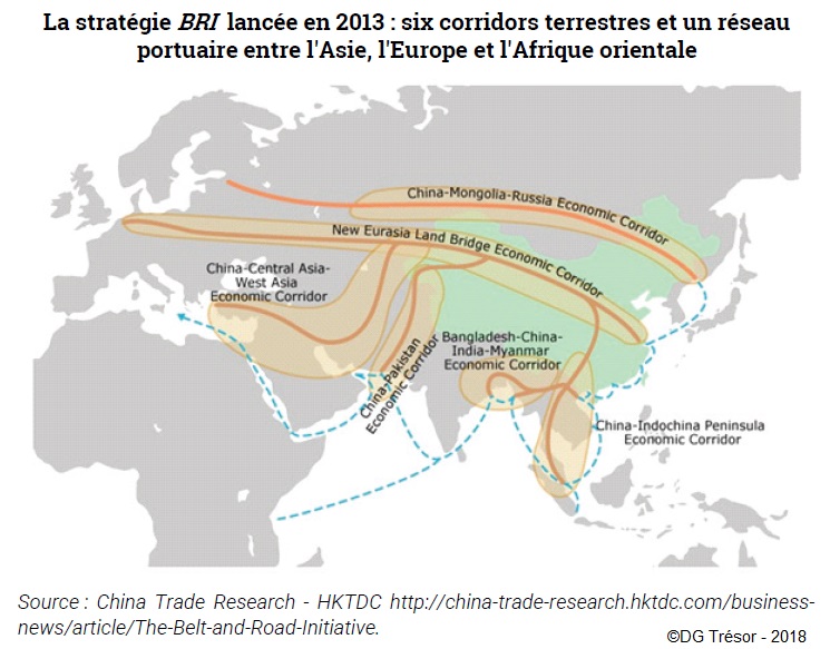 Carte : La stratégie BRI lancée en 2013 : six corridors terrestres et un réseau portuaire entre l'Asie, l'Europe et l'Afrique orientale