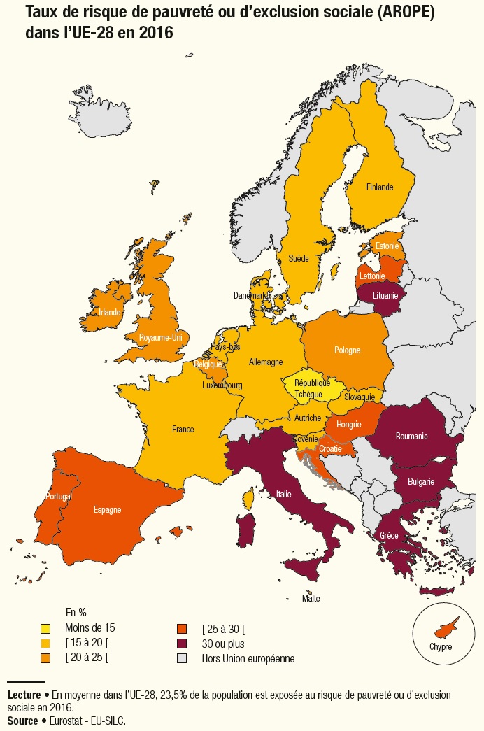 Carte : Taux de risque de pauvreté ou d'exclusion sociale dans l'UE en 2016