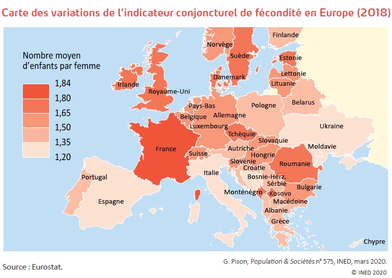 Carte des variations de l'indicateur conjoncturel de fécondité en Europe (2018)
