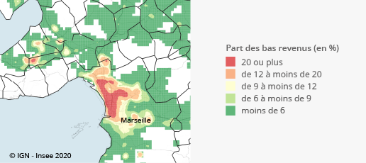 Graphique : Part des personnes à bas revenus dans la population, unité urbaine de Marseille