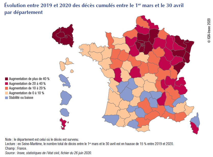 Carte : Évolution entre 2019 et 2020 des décès cumulés entre le 1er mars et le 30 avril par département