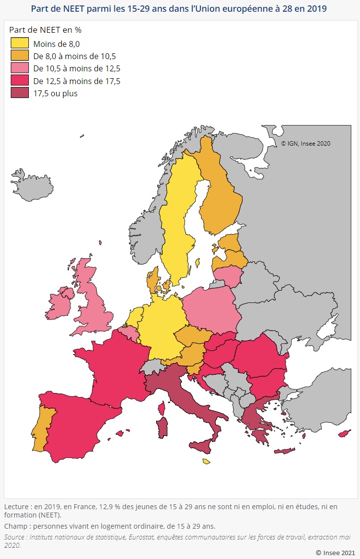 Carte : Part de NEET parmi les 15-29 ans dans l'Union européenne à 28 en 2019