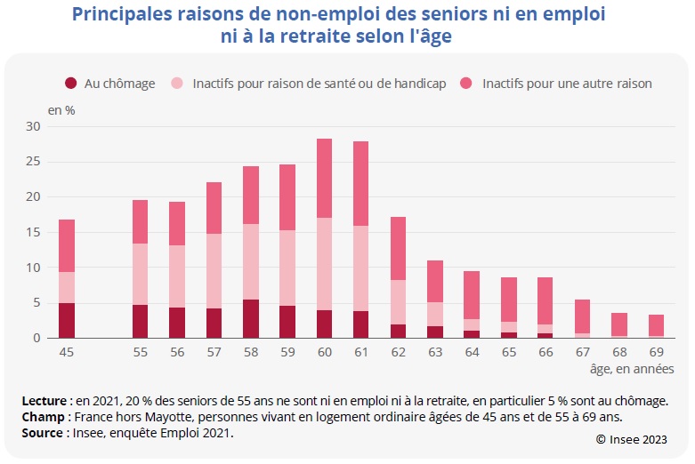 Graphique : Principales raisons de non-emploi des seniors ni en emploi ni à la retraite selon l'âge