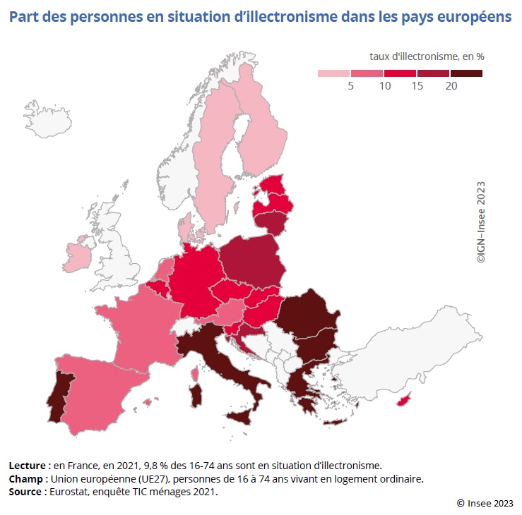 Carte : Part des personnes en situation d’illectronisme dans les pays européens