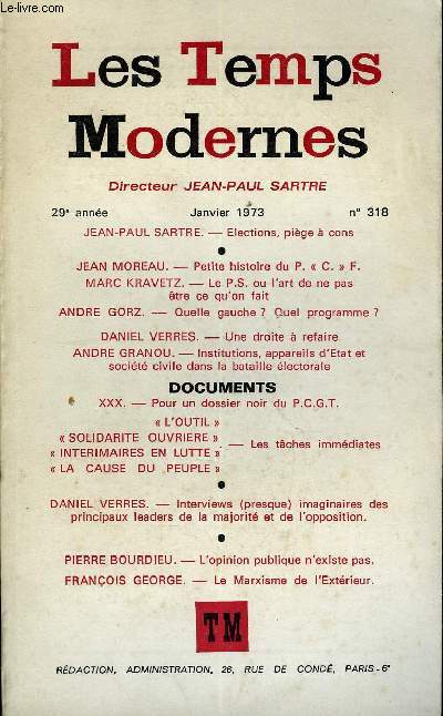 couverture revue Les temps modernes n°318, année 1973