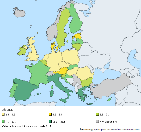 Carte des taux de chômage dans l'UE en 2017